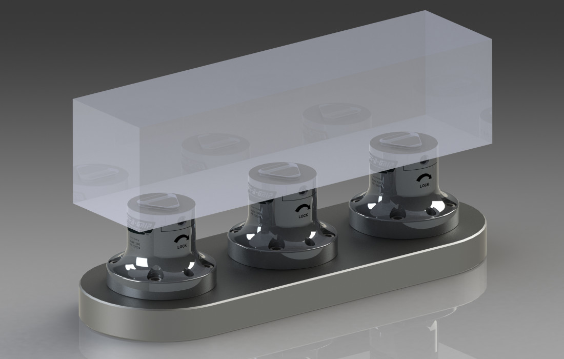 Multiple Get-A-Grip Workholding Fixtures used to hold a large workpiece for 4axis or 5-Axis CNC Milling